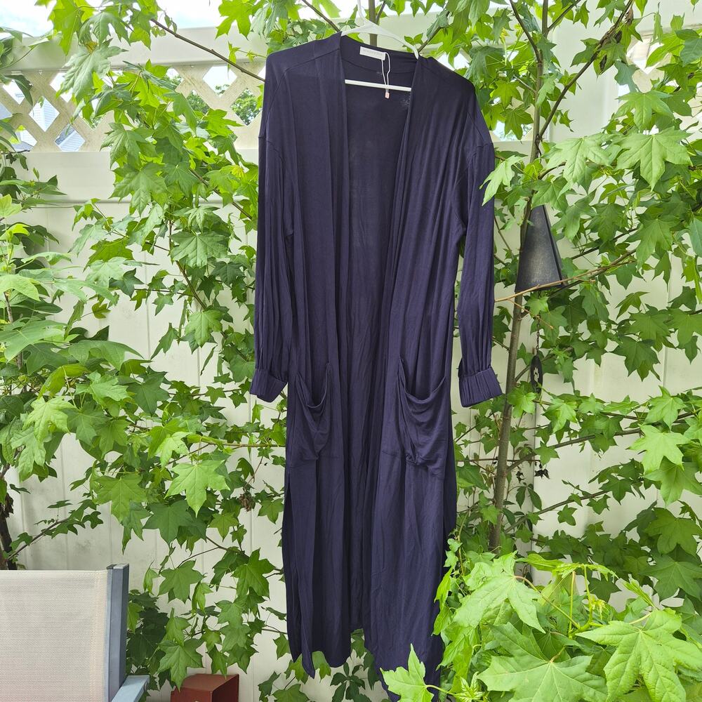 Waverles Bamboo Duster Cardigan Navy Blue Open Front Made in USA - Sz Sm